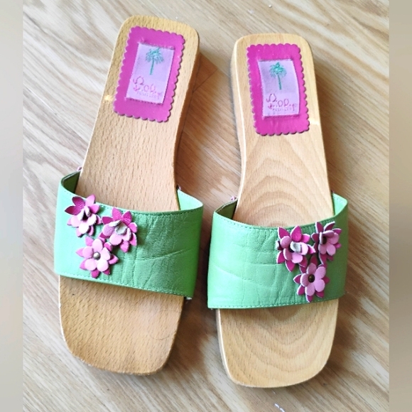 Lilly Pullitzer Vintage Green Leather Wooden Sandals Mules Floral Italy Size 10 - Picture 8 of 10
